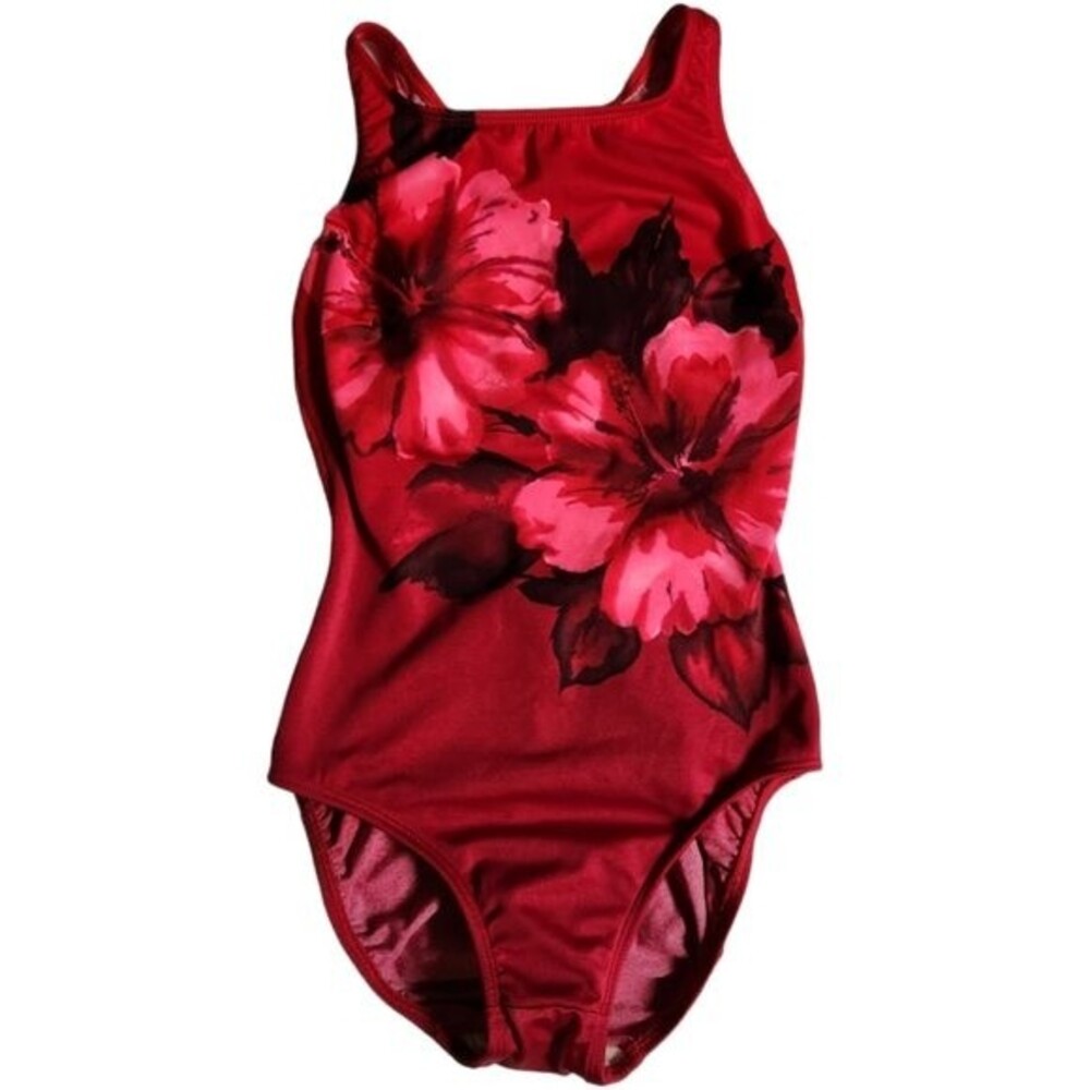 Longitude red one piece floral print bathing swim suit sz 8